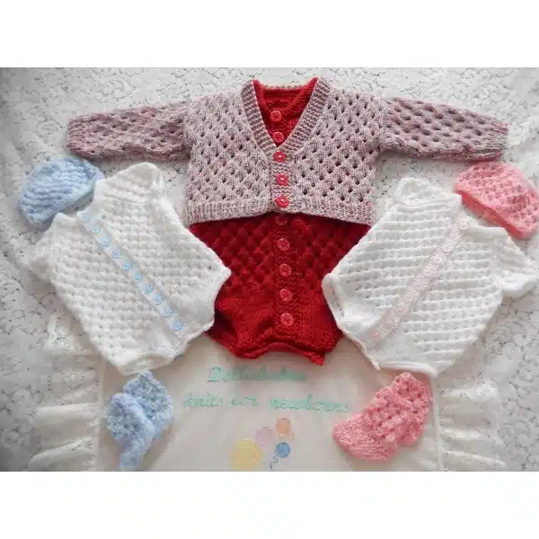 A knitting pattern for a 0-3 month baby or reborn doll bodysuit with matching cardigan