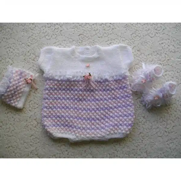 Pastel summer coloured baby romper knitted from DollieBabies knitting pattern 016