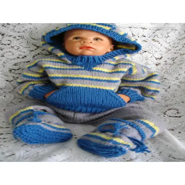 Unisex knitting pattern 014 for a kangaroo style baby track suit