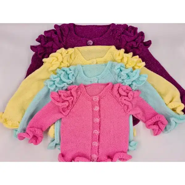 Child size knitting pattern for a girl's ruffle sleeve cardigan